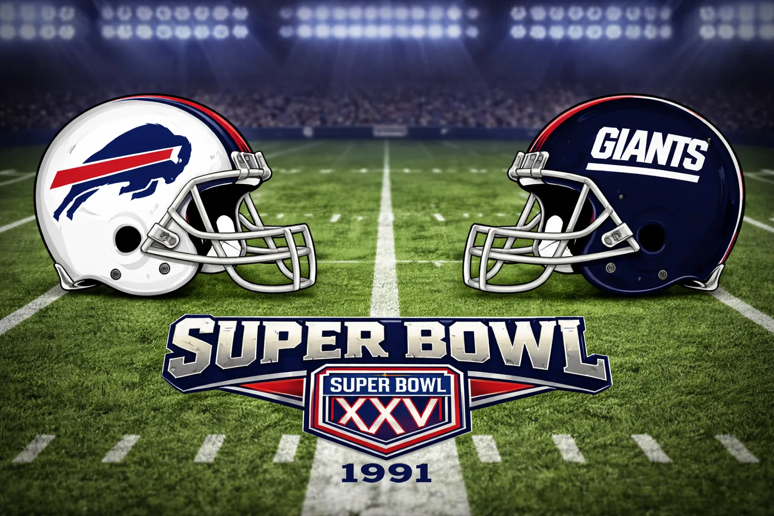 Bills hlmet vs. giants helmet on a football field
