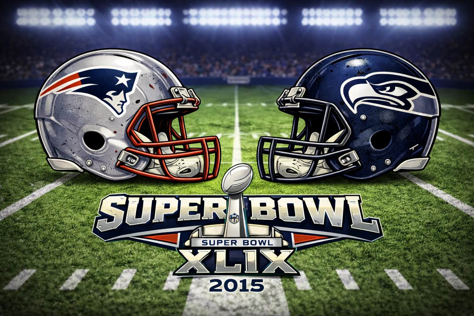 Patriots and Seahawks helmets on a football field